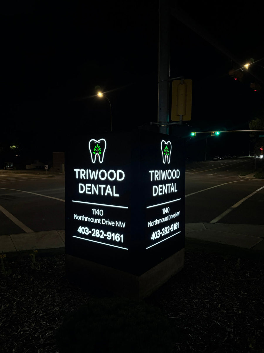 Triwood Dental pylon sign — commercial storefront signs Calgary by NEON YYC
