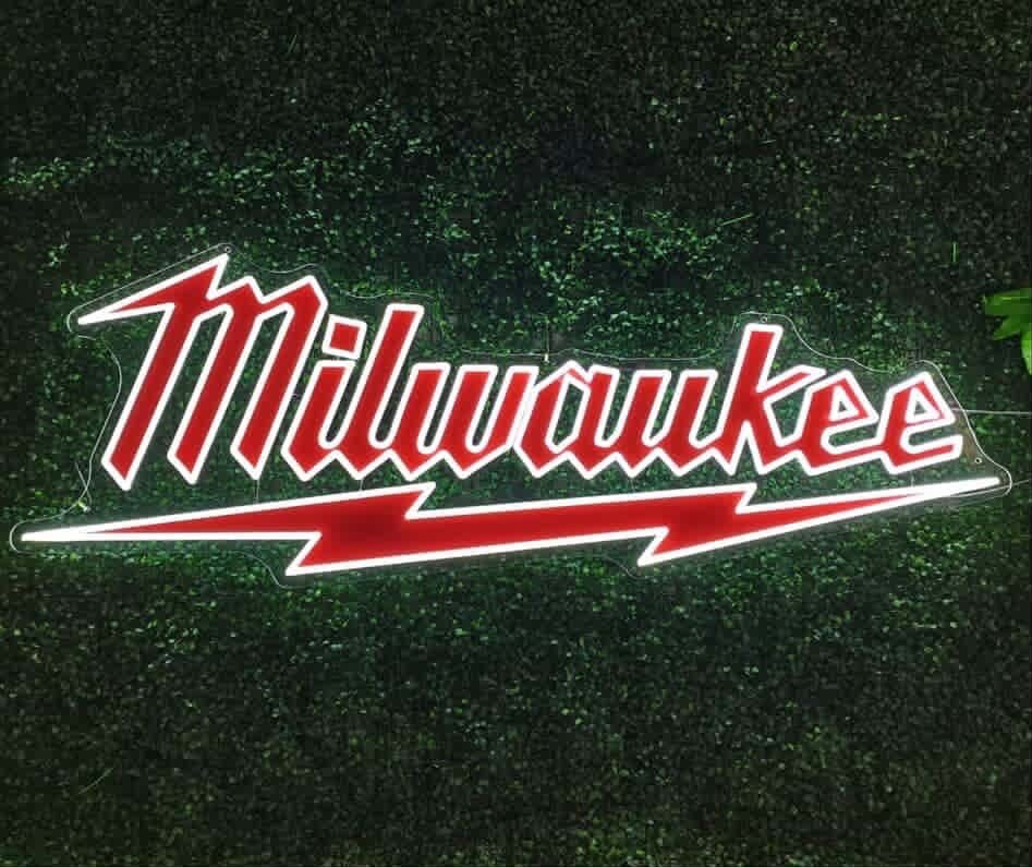 Milwaukee Tool custom LED neon logo sign on hedge wall — Calgary neon signs