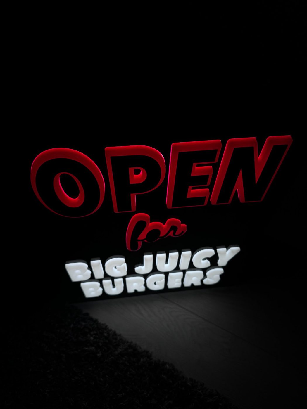 Open for Big Juicy Burgers illuminated channel letters — Calgary signs