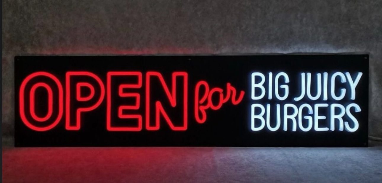 Open for Big Juicy Burgers neon and lightbox sign — Calgary lightbox signs