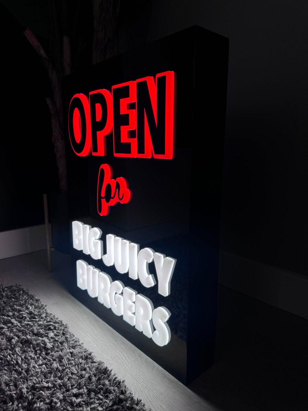 Open for Big Juicy Burgers channel letter sign side view — NEON YYC