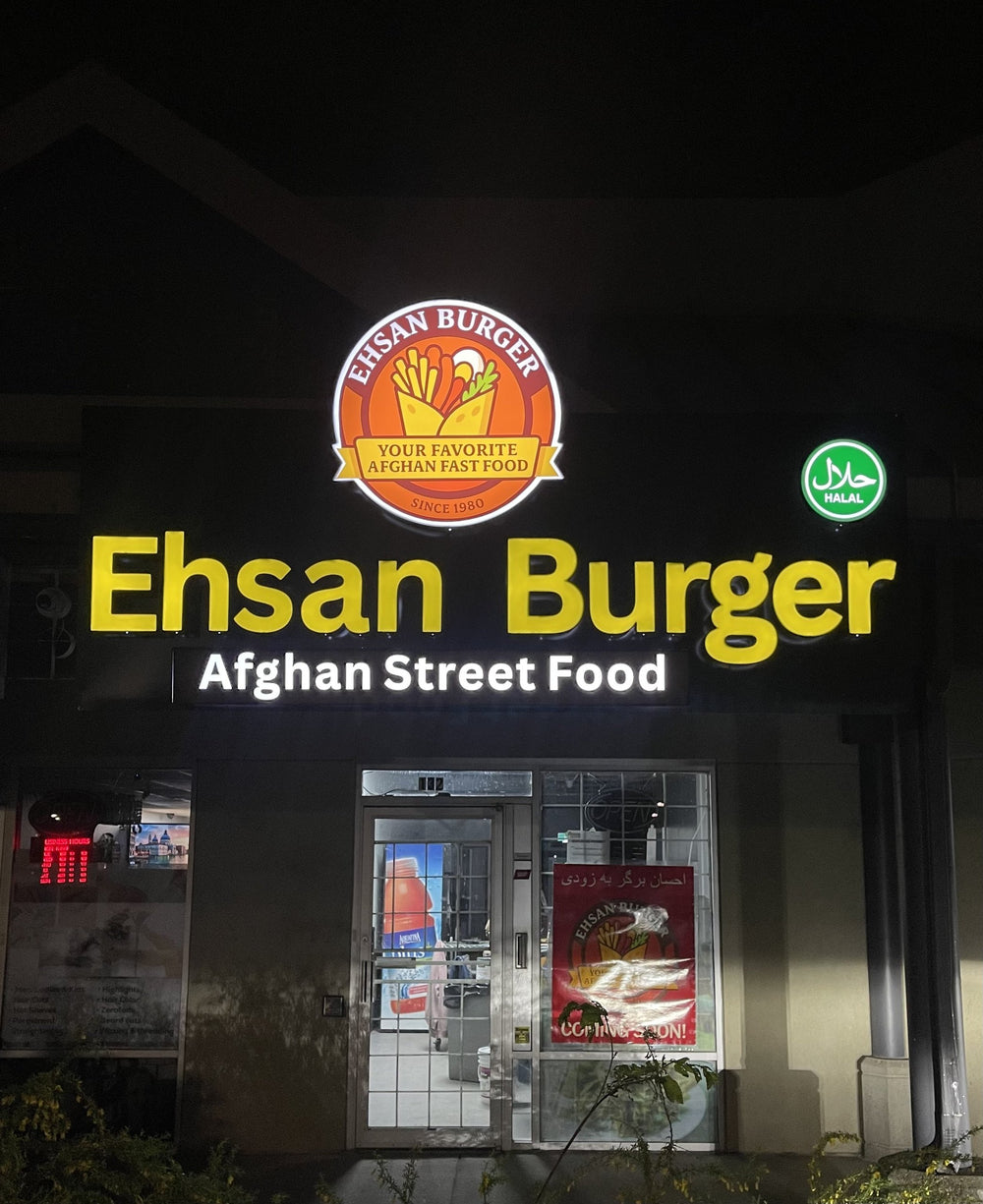 Ehsan Burger illuminated channel letters at night — NEON YYC Calgary