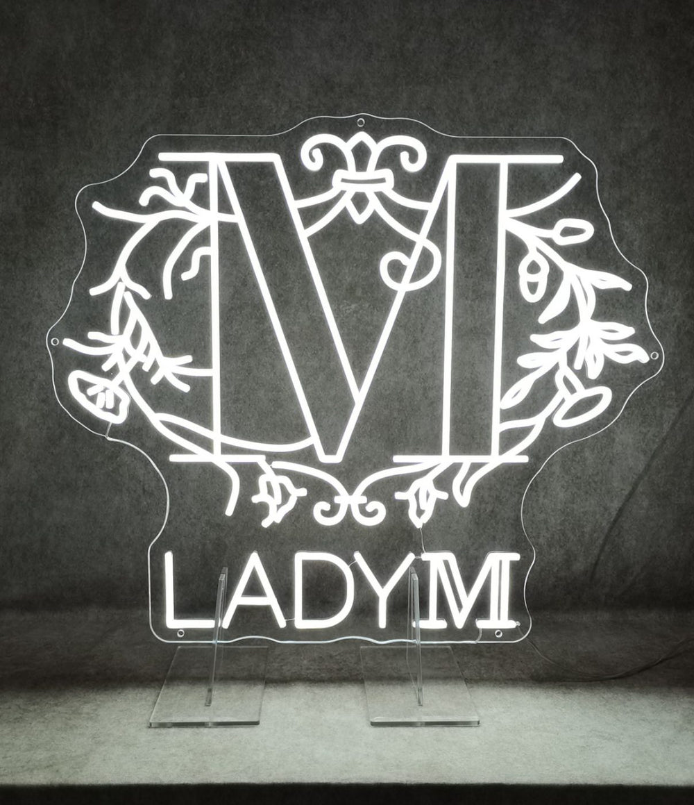 Lady M custom white LED neon logo sign — custom neon signs Calgary