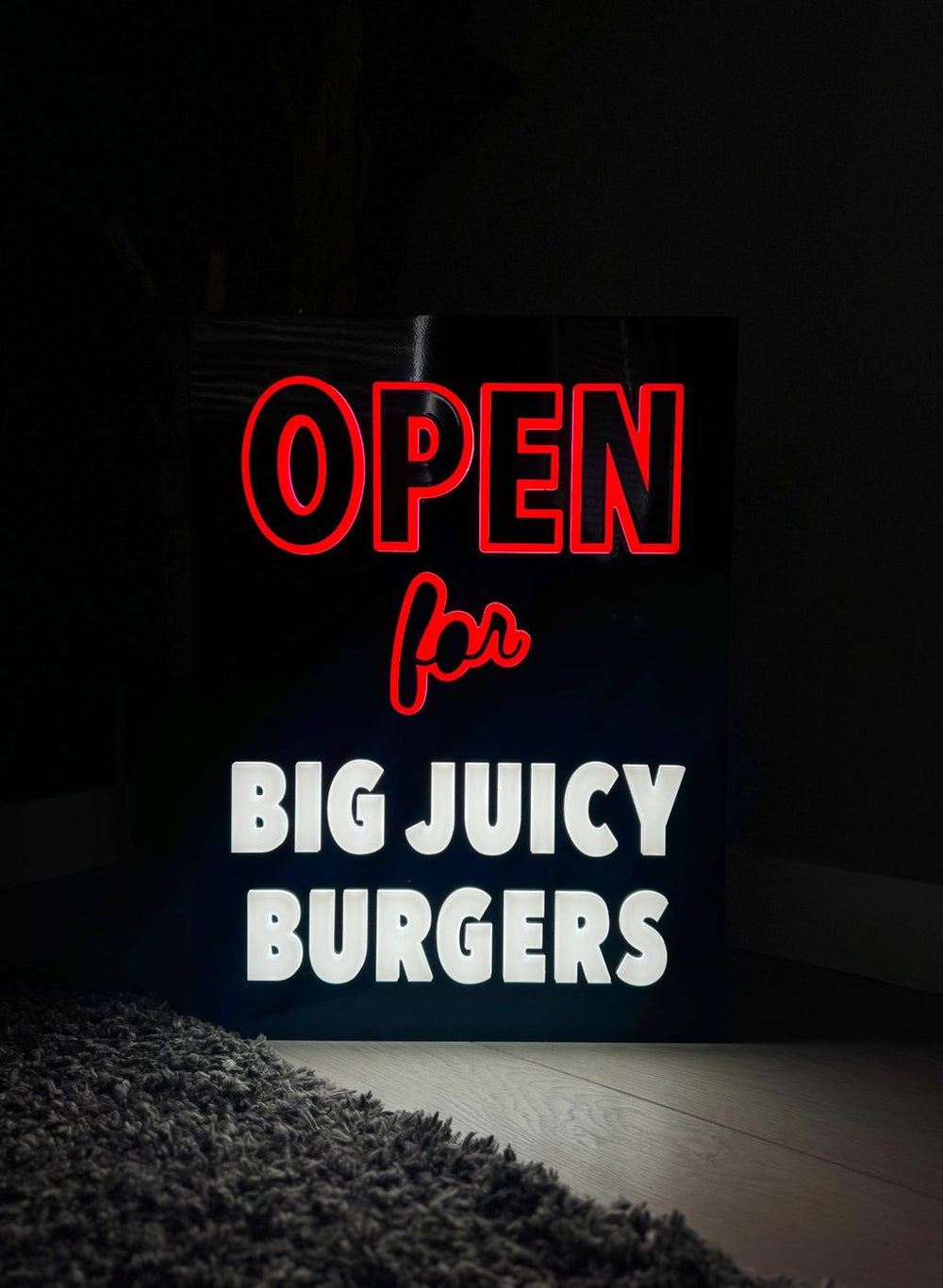Open for Big Juicy Burgers neon sign dark background — Calgary neon sign company