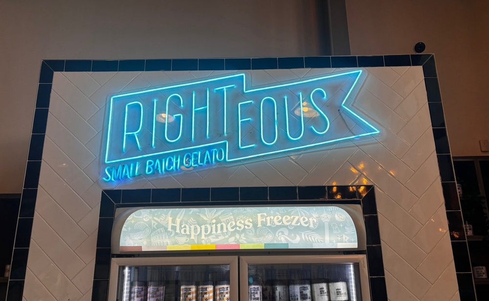 Righteous Small Batch Gelato teal LED neon sign — commercial neon signs Calgary