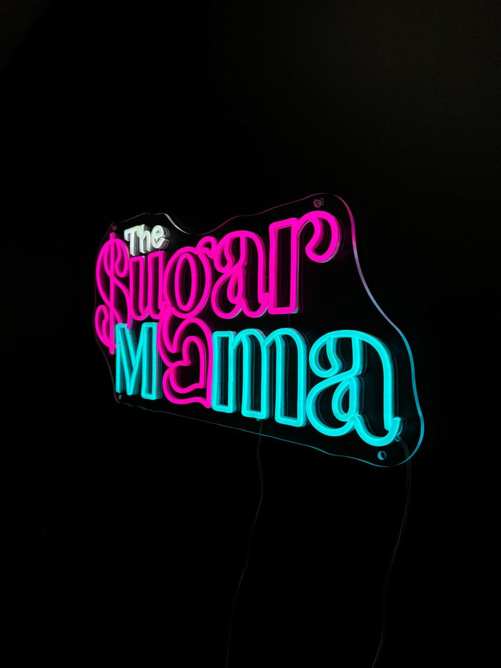 The Sugar Mama pink teal LED neon sign — custom neon signs Calgary