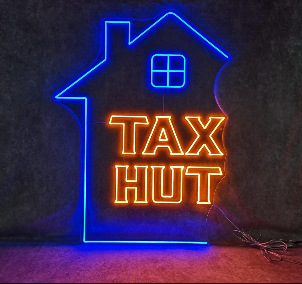 Tax Hut blue and orange LED neon sign — commercial neon signs Calgary