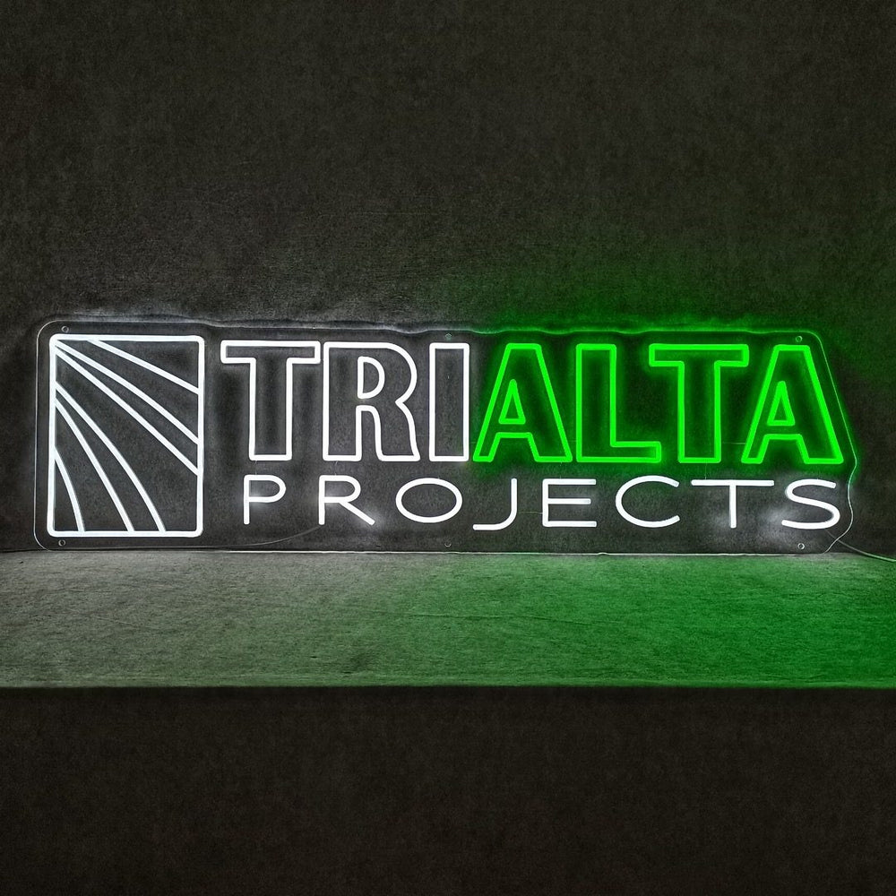 TriAlta Projects green and white LED neon logo — NEON YYC Calgary